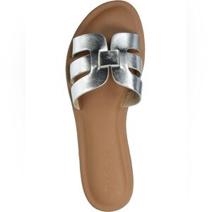 Sz 9 | THE DROP 'Monika' Silver 'H' Sandal Metallic Faux Leather Beach Slides